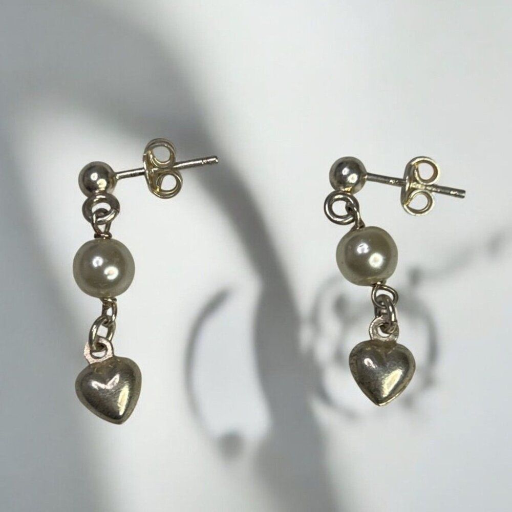 Sterling Silver Drop Earrings With Heart Charms & Faux Pearl Accents